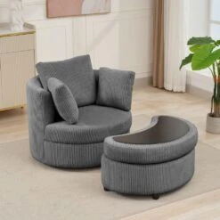 Modern Grey Corduroy Accent Armchair With Pillows And Storage Ottoman