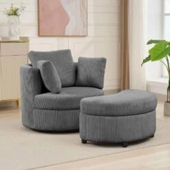Modern Grey Corduroy Accent Armchair With Pillows And Storage Ottoman -More Furniture Store grey jearey accent chairs bywy grey c3 1000