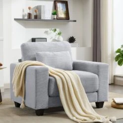 Modern Grey Corduroy Enlarged Seat Accent Armchair With Pillow For Living -More Furniture Store grey jearey accent chairs dxrjysfy grey 44 1000