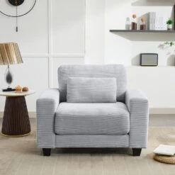 Modern Grey Corduroy Enlarged Seat Accent Armchair With Pillow For Living