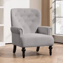 Lola Modern Upholstered Velvet Grey Accent Armchair With Extra Large Back And Wood Leg For Living Room Bedroom