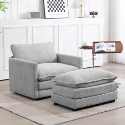 Modern Grey Corduroy Accent Armchair With Ottoman For Living
