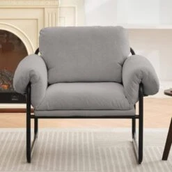 Moore Metal Grey Lambswool Soft Cushion Arm Chair For Bedroom And Living Room