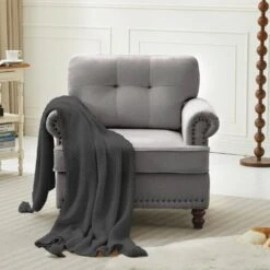 Modern Grey Chenille Upholstered Nailhead Trim Accent Arm Chair For Living Room -More Furniture Store grey jearey accent chairs xltd grey 1f 1000