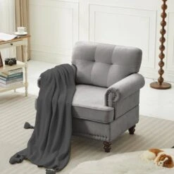 Modern Grey Chenille Upholstered Nailhead Trim Accent Arm Chair For Living Room -More Furniture Store grey jearey accent chairs xltd grey 31 1000