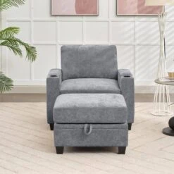 Modern Grey Chenille Storage Accent Armchair With Cup Holder And Ottoman For Living -More Furniture Store grey jearey accent chairs xnecw 1 grey 31 1000