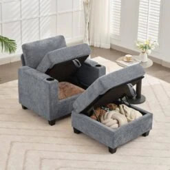 Modern Grey Chenille Storage Accent Armchair With Cup Holder And Ottoman For Living -More Furniture Store grey jearey accent chairs xnecw 1 grey 4f 1000