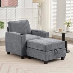 Modern Grey Chenille Storage Accent Armchair With Cup Holder And Ottoman For Living