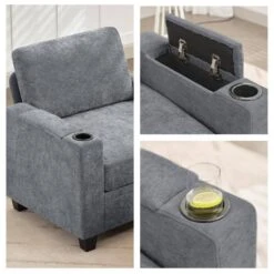 Modern Grey Chenille Storage Accent Armchair With Cup Holder And Ottoman For Living -More Furniture Store grey jearey accent chairs xnecw 1 grey c3 1000