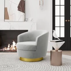 Nancy Modern 360° Swivel Grey Non-falling Velvet Fabric Barrel Accent Armchair For Bedroom Or Living Room -More Furniture Store grey jearey accent chairs xslswy grey 1f 1000