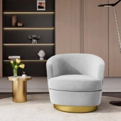 Nancy Modern 360° Swivel Grey Non-falling Velvet Fabric Barrel Accent Armchair For Bedroom Or Living Room -More Furniture Store grey jearey accent chairs xslswy grey 31 1000