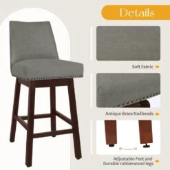 29.53 In Back Swivel Velvet Grey Bar Stool With Rubber Wood Frame (Set Of 2) -More Furniture Store grey jearey bar stools e22gby hd gy c3 1000