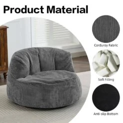 Corduroy Polyester Medium Memory Foam Grey Backrest Style Bean Bag -More Furniture Store grey jearey bean bag chairs xty hd 2 grey 44 1000