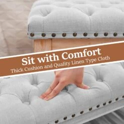 Grey Linen Upholstered Storage Nailhead Trim Bedroom Bench With Solid Wood Legs -More Furniture Store grey jearey bedroom benches awcwd grey 1f 1000