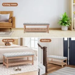 Grey Linen Upholstered Storage Nailhead Trim Bedroom Bench With Solid Wood Legs -More Furniture Store grey jearey bedroom benches awcwd grey 31 1000