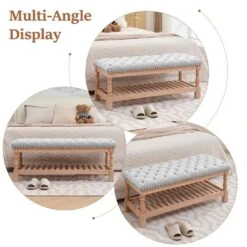 Grey Linen Upholstered Storage Nailhead Trim Bedroom Bench With Solid Wood Legs -More Furniture Store grey jearey bedroom benches awcwd grey fa 1000