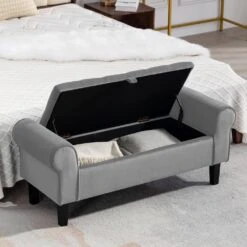 48.43 In. W X 17.72 In. D X 19.29 In. H Grey Tufted Brushed Velvet Armed Storage Bedroom Bench With Rubberwood Legs -More Furniture Store grey jearey bedroom benches e92cwd hd gy 31 1000
