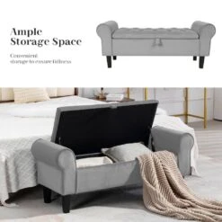48.43 In. W X 17.72 In. D X 19.29 In. H Grey Tufted Brushed Velvet Armed Storage Bedroom Bench With Rubberwood Legs -More Furniture Store grey jearey bedroom benches e92cwd hd gy 44 1000