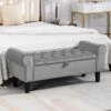 48.43 In. W X 17.72 In. D X 19.29 In. H Grey Tufted Brushed Velvet Armed Storage Bedroom Bench With Rubberwood Legs