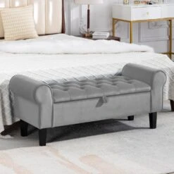 48.43 In. W X 17.72 In. D X 19.29 In. H Grey Tufted Brushed Velvet Armed Storage Bedroom Bench With Rubberwood Legs