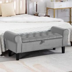 48.43 In. W X 17.72 In. D X 19.29 In. H Grey Tufted Brushed Velvet Armed Storage Bedroom Bench With Rubberwood Legs -More Furniture Store grey jearey bedroom benches e92cwd hd gy fa 1000