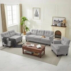 Modern 3-Piece Grey Chenille Living Room Set With Nailhead Trim And Rubberwood Legs -More Furniture Store grey jearey living room sets ldsf 123set grey 1f 1000