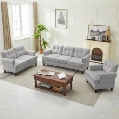 Modern 3-Piece Grey Chenille Living Room Set With Nailhead Trim And Rubberwood Legs -More Furniture Store grey jearey living room sets ldsf 123set grey 31 1000