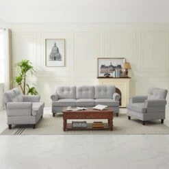Modern 3-Piece Grey Chenille Living Room Set With Nailhead Trim And Rubberwood Legs