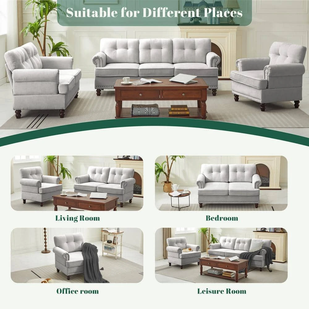 Modern 2-Piece Grey Chenille Living Room Set With Nailhead Trim And Rubberwood Legs 5 Modern 2-Piece Grey Chenille Living Room Set With Nailhead Trim And Rubberwood Legs - Image 5