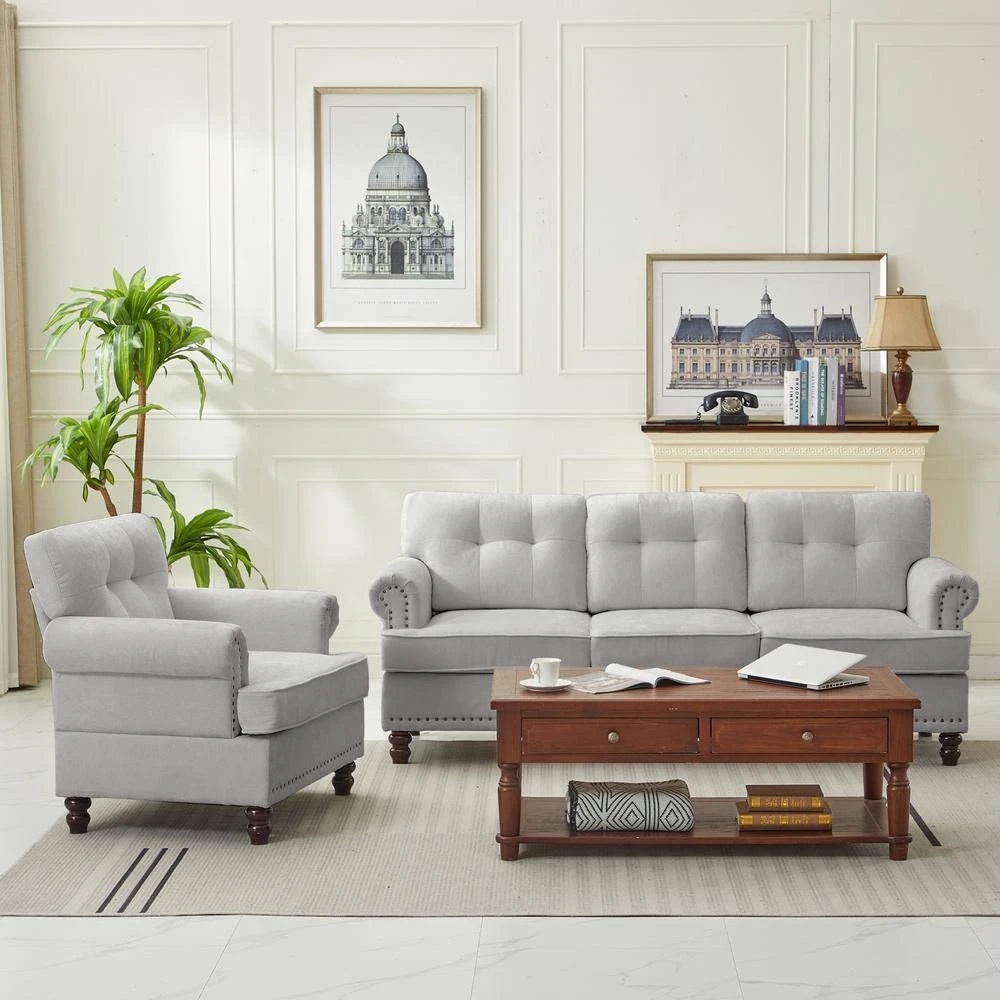 Modern 2-Piece Grey Chenille Living Room Set With Nailhead Trim And Rubberwood Legs 7 Modern 2-Piece Grey Chenille Living Room Set With Nailhead Trim And Rubberwood Legs - Image 7