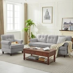 Modern 2-Piece Grey Chenille Living Room Set With Nailhead Trim And Rubberwood Legs 12 Modern 2-Piece Grey Chenille Living Room Set With Nailhead Trim And Rubberwood Legs -More Furniture Store grey jearey living room sets ldsf 13set grey 44 1000