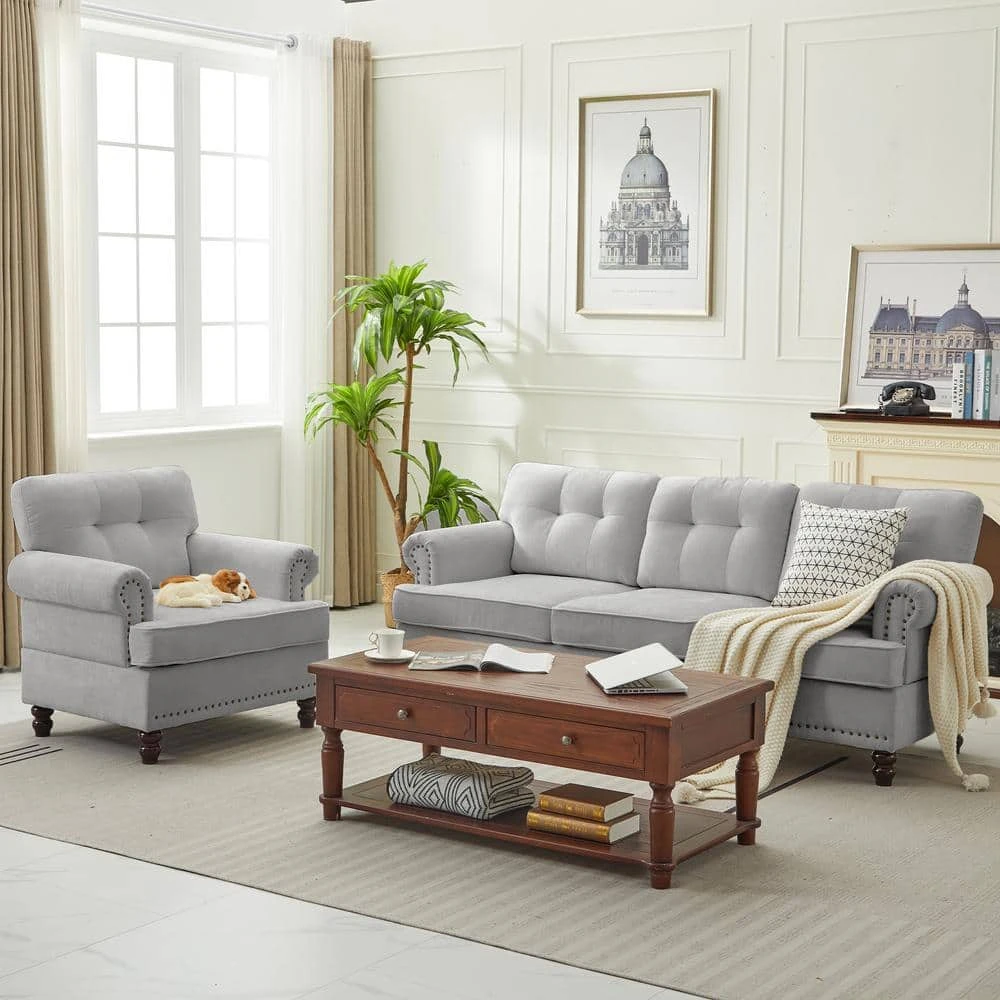 Modern 2-Piece Grey Chenille Living Room Set With Nailhead Trim And Rubberwood Legs 6 Modern 2-Piece Grey Chenille Living Room Set With Nailhead Trim And Rubberwood Legs - Image 6