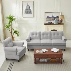 Modern 2-Piece Grey Chenille Living Room Set With Nailhead Trim And Rubberwood Legs