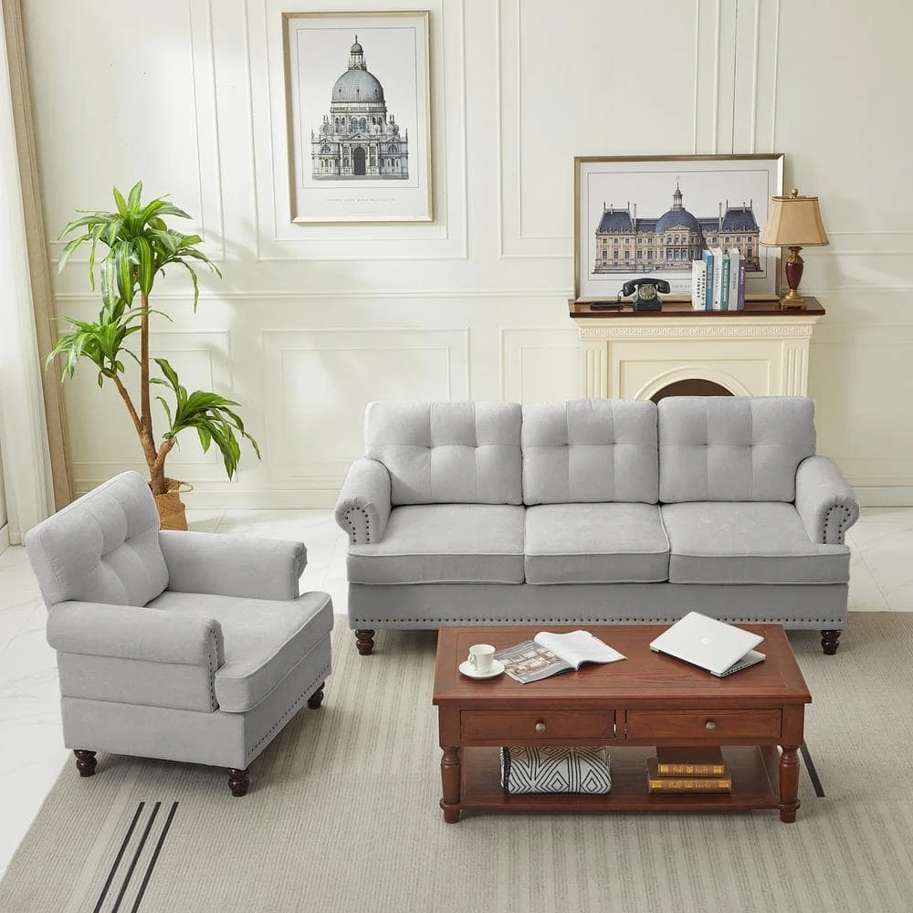 Modern 2-Piece Grey Chenille Living Room Set With Nailhead Trim And Rubberwood Legs 1 Modern 2-Piece Grey Chenille Living Room Set With Nailhead Trim And Rubberwood Legs