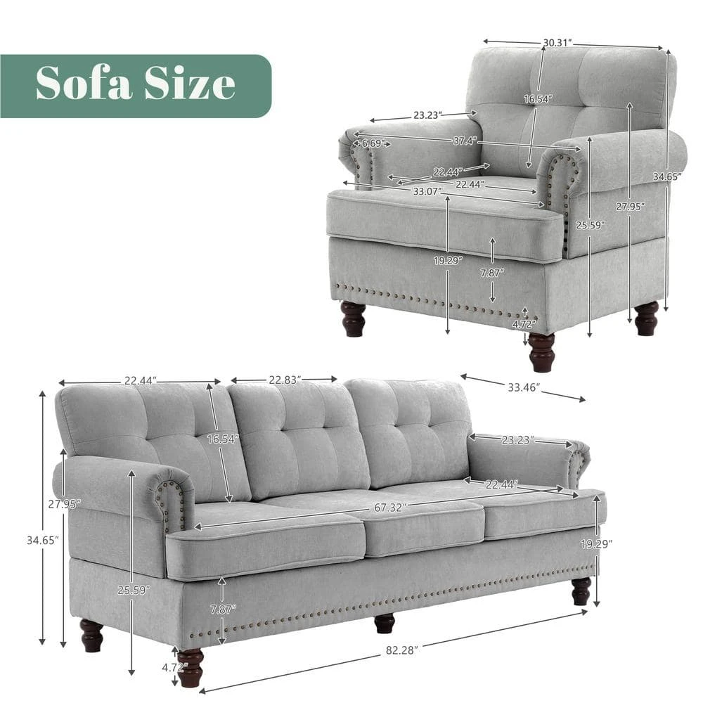 Modern 2-Piece Grey Chenille Living Room Set With Nailhead Trim And Rubberwood Legs 2 Modern 2-Piece Grey Chenille Living Room Set With Nailhead Trim And Rubberwood Legs - Image 2