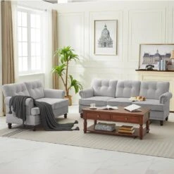 Modern 2-Piece Grey Chenille Loveseat And Sofa Living Room Set With Nailhead Trim And Rubberwood Legs -More Furniture Store grey jearey living room sets ldsf 23set grey 4f 1000