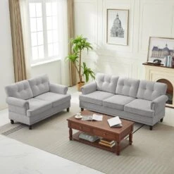Modern 2-Piece Grey Chenille Loveseat And Sofa Living Room Set With Nailhead Trim And Rubberwood Legs