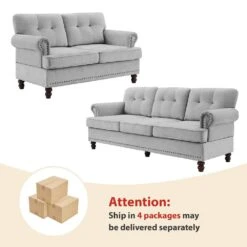 Modern 2-Piece Grey Chenille Loveseat And Sofa Living Room Set With Nailhead Trim And Rubberwood Legs -More Furniture Store grey jearey living room sets ldsf 23set grey c3 1000