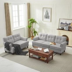 Modern 2-Piece Grey Chenille Loveseat And Sofa Living Room Set With Nailhead Trim And Rubberwood Legs -More Furniture Store grey jearey living room sets ldsf 23set grey fa 1000