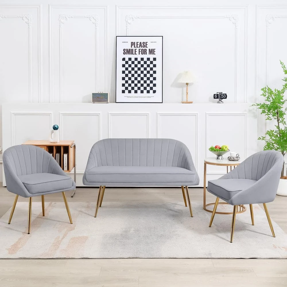 3-Piece Living Room Set With Brushed Velvet In Grey 1 3-Piece Living Room Set With Brushed Velvet In Grey