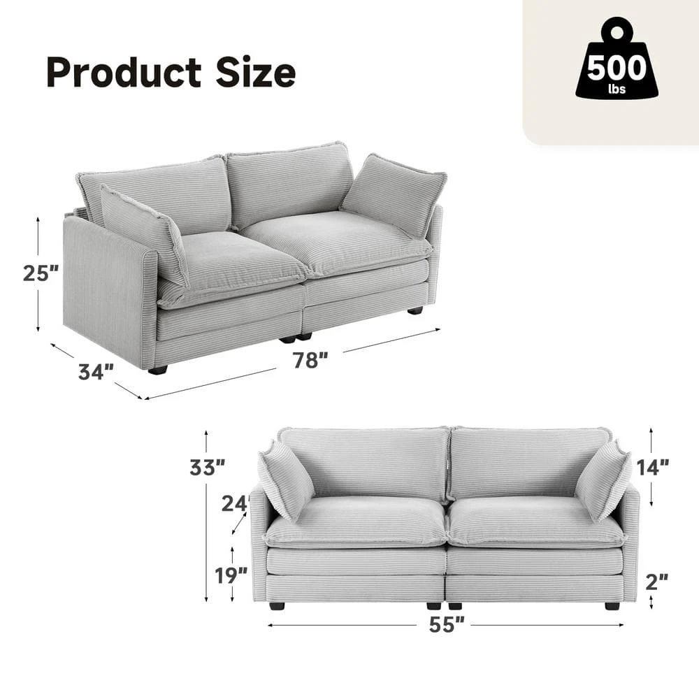 Modern Grey Corduroy Loveseat With Two Pillows For Living 4 Modern Grey Corduroy Loveseat With Two Pillows For Living - Image 4