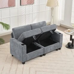 Modern 64.6 In Grey Chenille Storage Loveseat With Cup Holder And Ottoman For Living -More Furniture Store grey jearey loveseats xnecw 2 grey 1f 1000