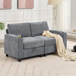 Modern 64.6 In Grey Chenille Storage Loveseat With Cup Holder And Ottoman For Living -More Furniture Store grey jearey loveseats xnecw 2 grey 31 1000