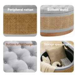Grey Linen Tufted Rattan Round Storage Ottoman For Bedroom And Living Room -More Furniture Store grey jearey ottomans xgjd grey 1f 1000