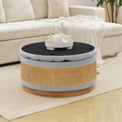 Grey Linen Tufted Rattan Round Storage Ottoman For Bedroom And Living Room -More Furniture Store grey jearey ottomans xgjd grey 31 1000