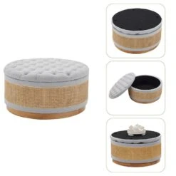 Grey Linen Tufted Rattan Round Storage Ottoman For Bedroom And Living Room -More Furniture Store grey jearey ottomans xgjd grey 4f 1000