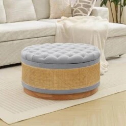 Grey Linen Tufted Rattan Round Storage Ottoman For Bedroom And Living Room