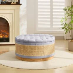 Grey Linen Tufted Rattan Round Storage Ottoman For Bedroom And Living Room -More Furniture Store grey jearey ottomans xgjd grey 66 1000