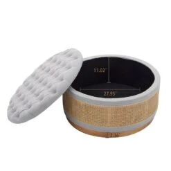 Grey Linen Tufted Rattan Round Storage Ottoman For Bedroom And Living Room -More Furniture Store grey jearey ottomans xgjd grey c3 1000