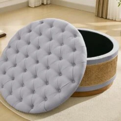 Grey Linen Tufted Rattan Round Storage Ottoman For Bedroom And Living Room -More Furniture Store grey jearey ottomans xgjd grey fa 1000